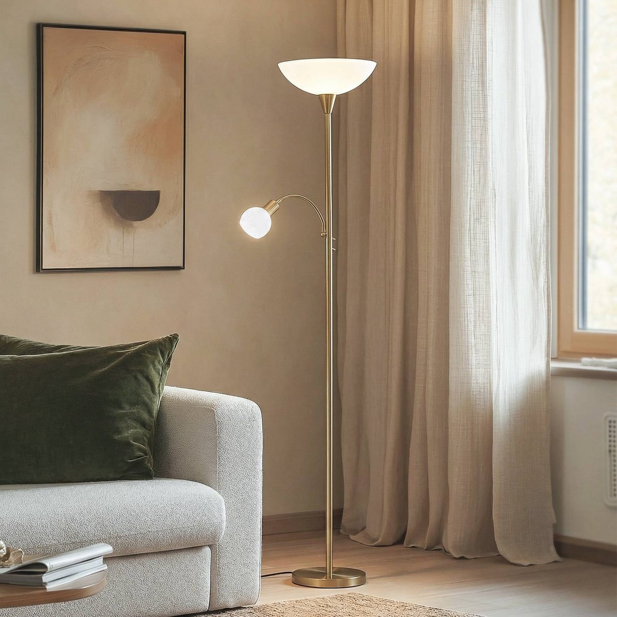 Lampadaire en métal moderne, Elaina laiton, blanc, blanc opale, LINDBY