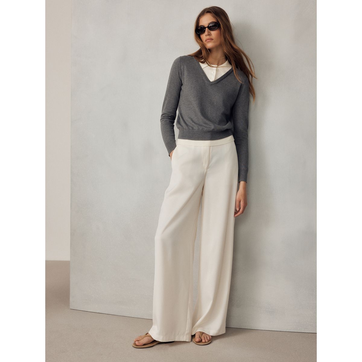 Pull polo effet superposé en coton doux gris, NEXT
