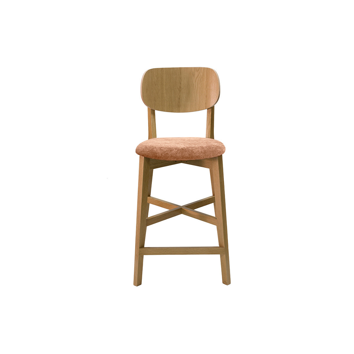 Tabouret de bar en bois clair chêne et tissu effet velours texturé vert kaki H65 cm LUCIA terra cotta, MILIBOO