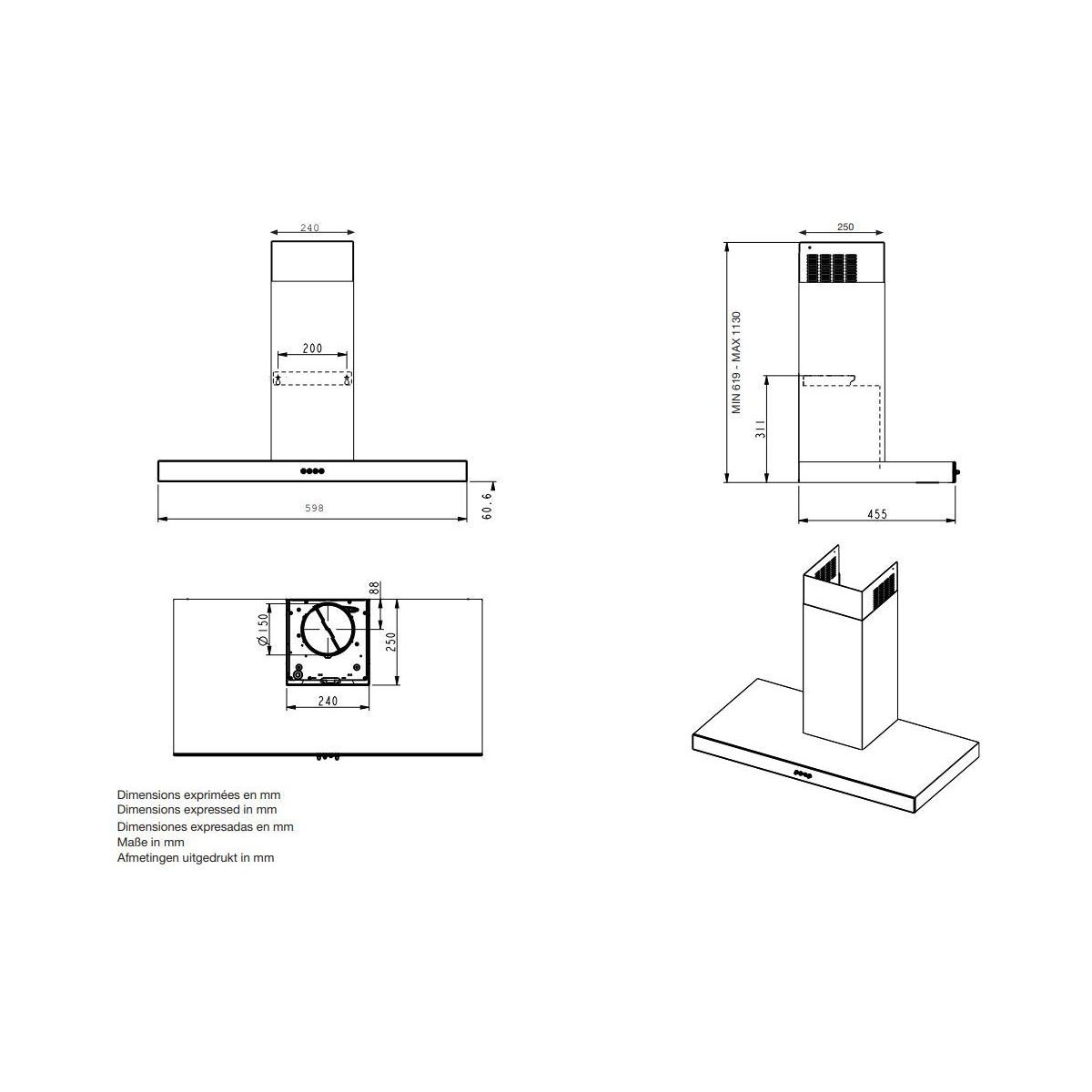 Hotte décorative murale EHDB 61i inox, ESSENTIEL B