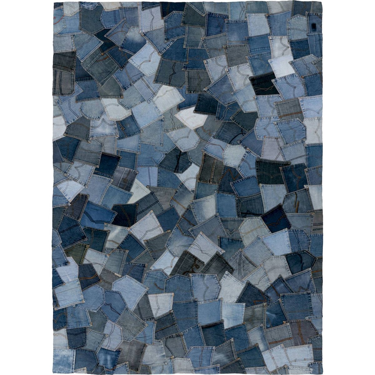 Tapis rectangulaire en coton cousu main bleu denim patchwork nuances claires et foncées, ARTE ESPINA
