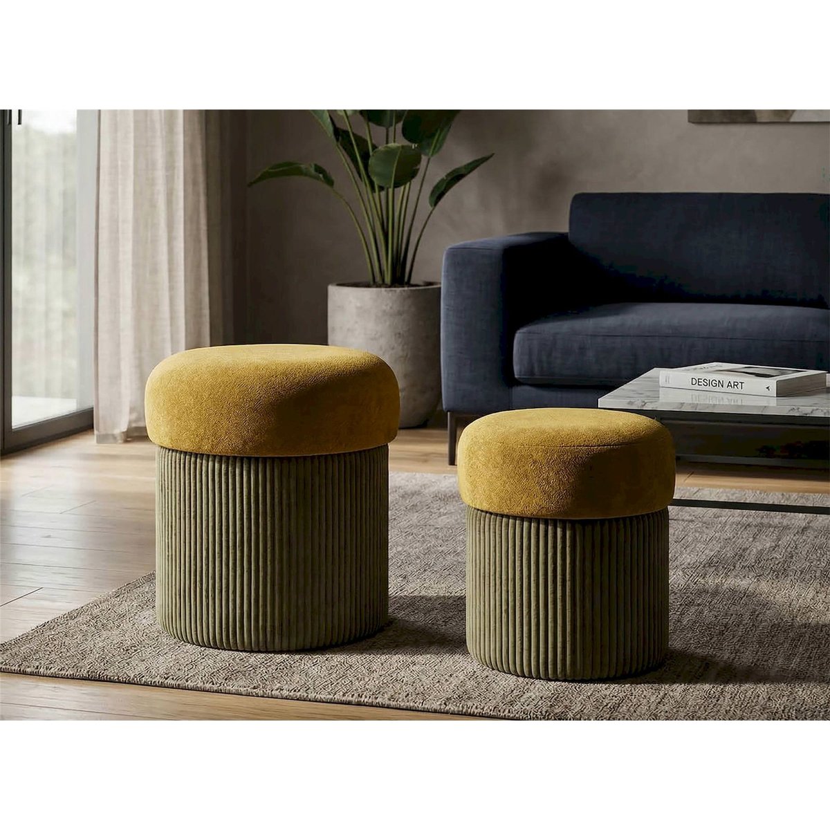 Lot de 2 poufs coffre ronds côtelés MODERN vert, RECOLLECTION