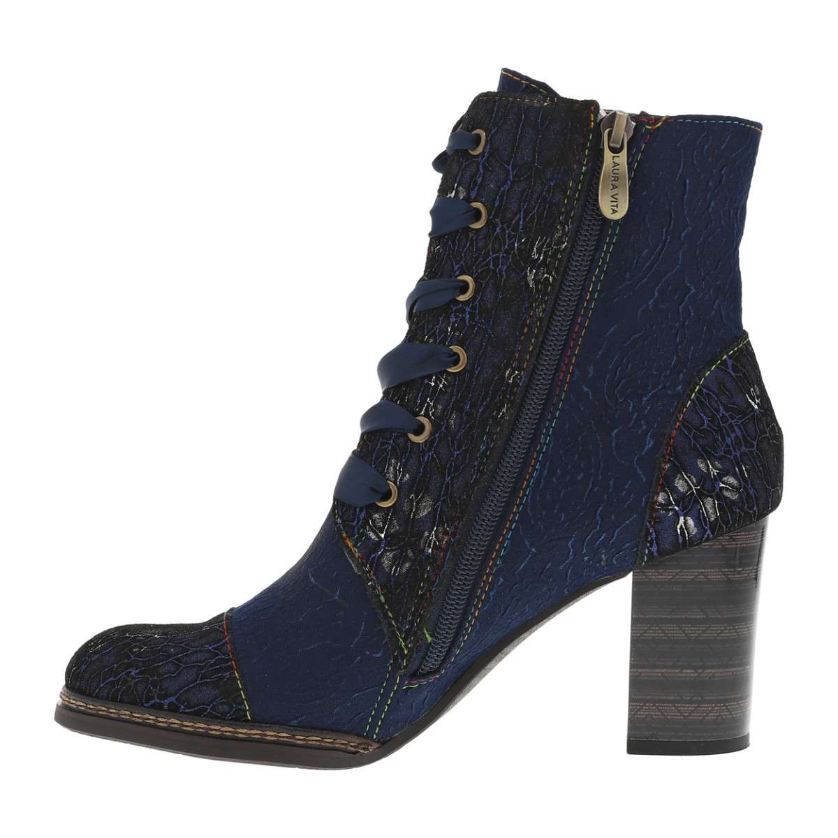 Bottines bleues à talon bloc et à lacets rubans et zip avec clous et perles bleu, LAURA VITA