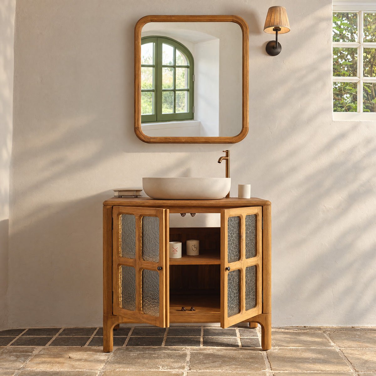 Meuble sous vasque en bois recyclé massif 2 portes 90 cm VELDE naturel, BERAH GETAH