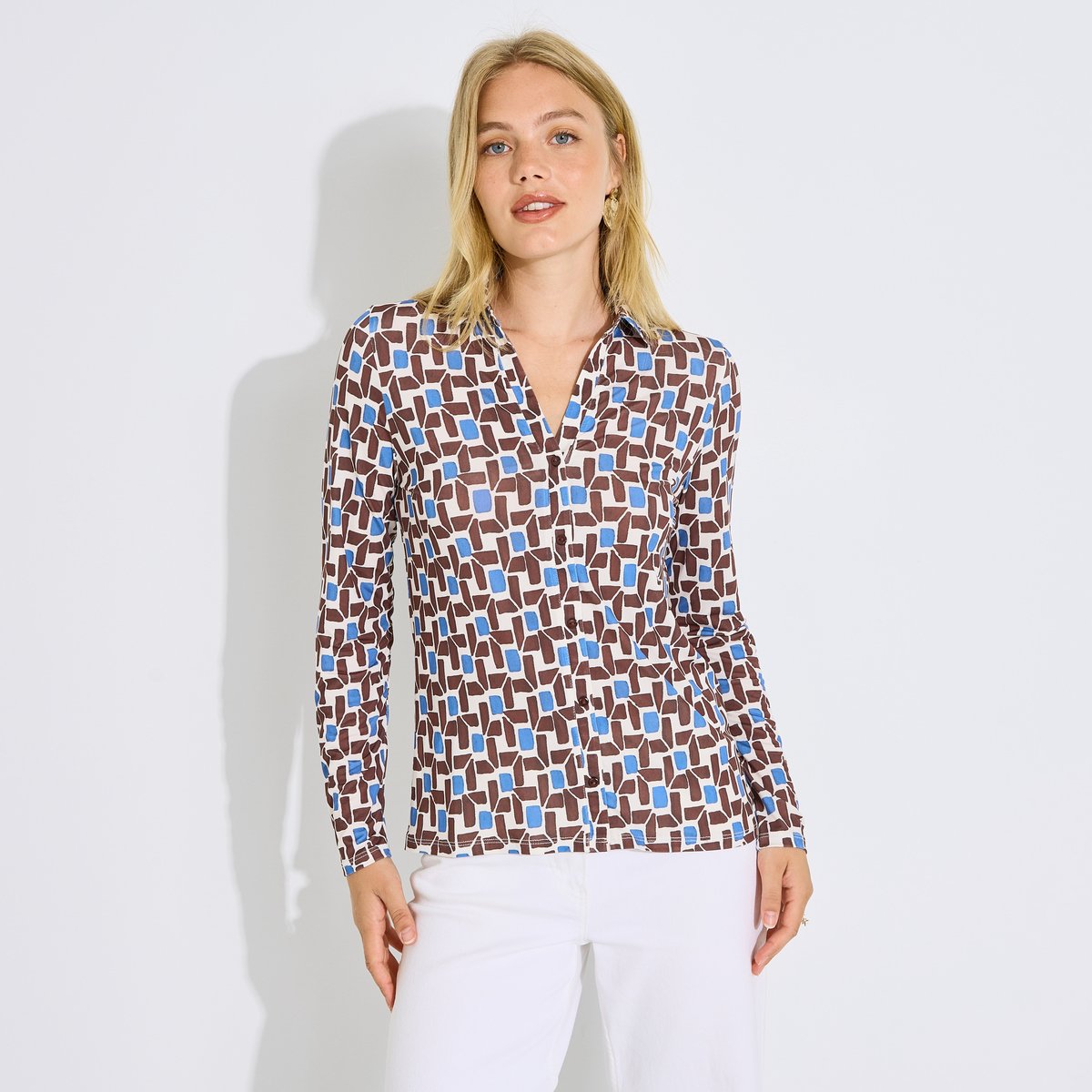 Chemise en maille fluide imprimée marron chocolat, GRAIN DE MALICE