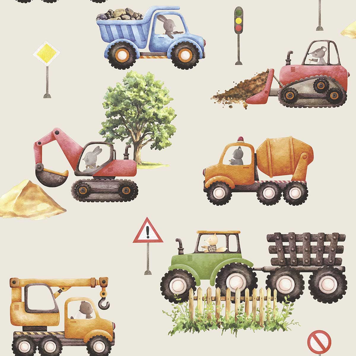 Papier peint engins de chantier animaux enfant beige, HEXOA