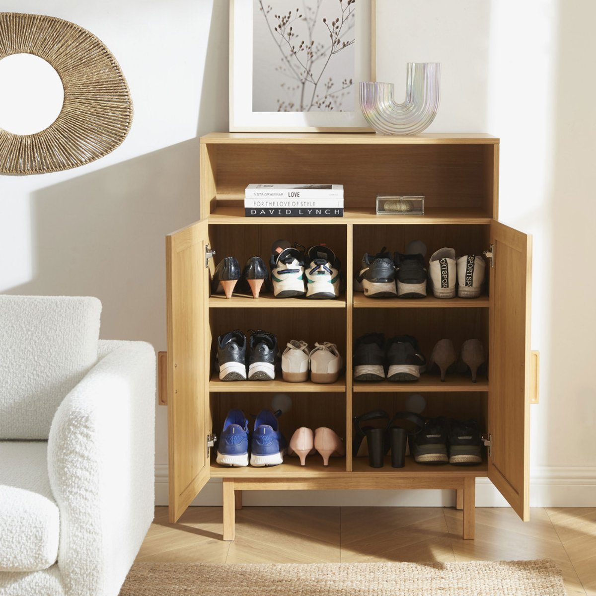 Meuble à chaussures 2 portes 1 niche en bois et cannage L80cm- JUNE bois clair, DRAWER