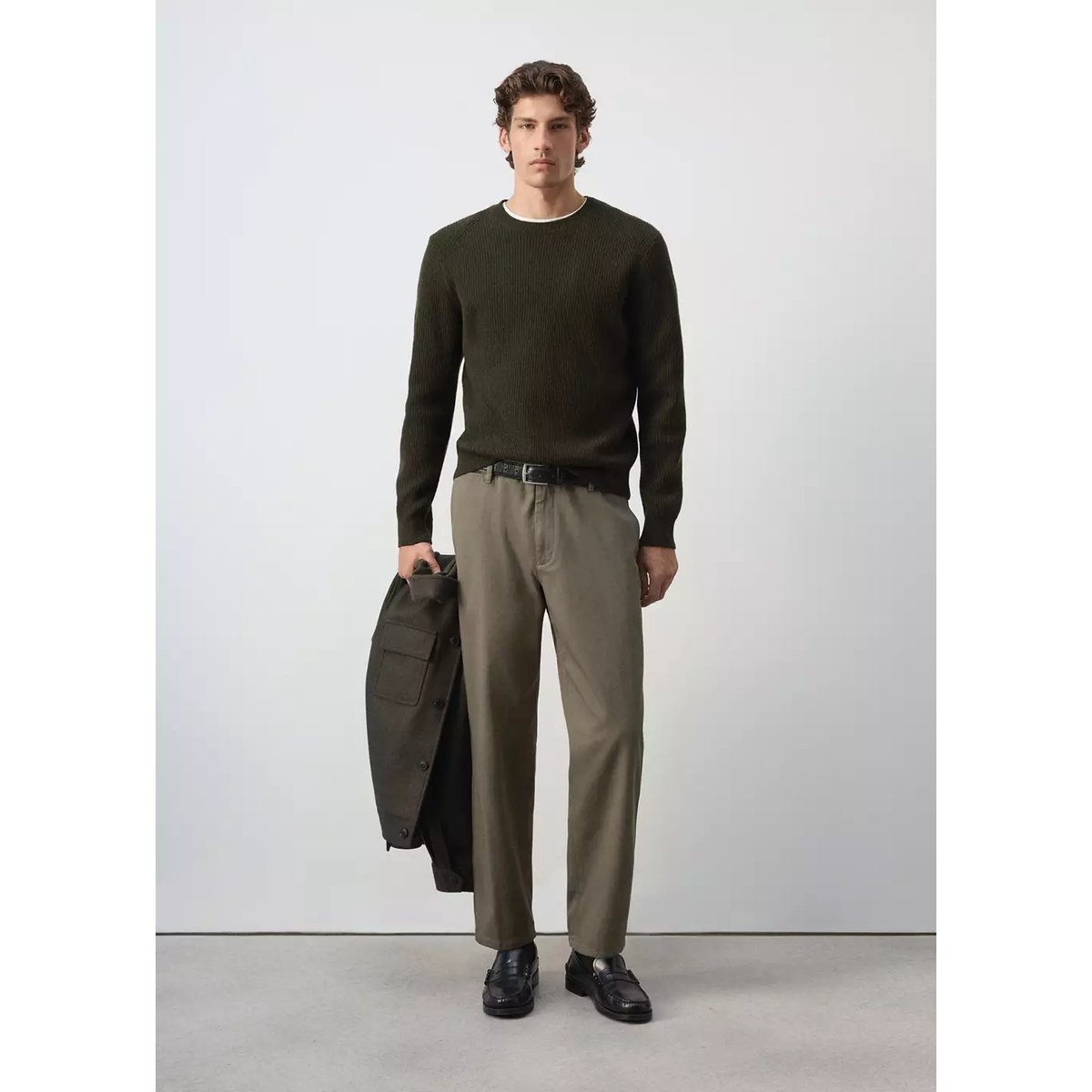 Pull-over maille côtelée kaki, MANGO MAN