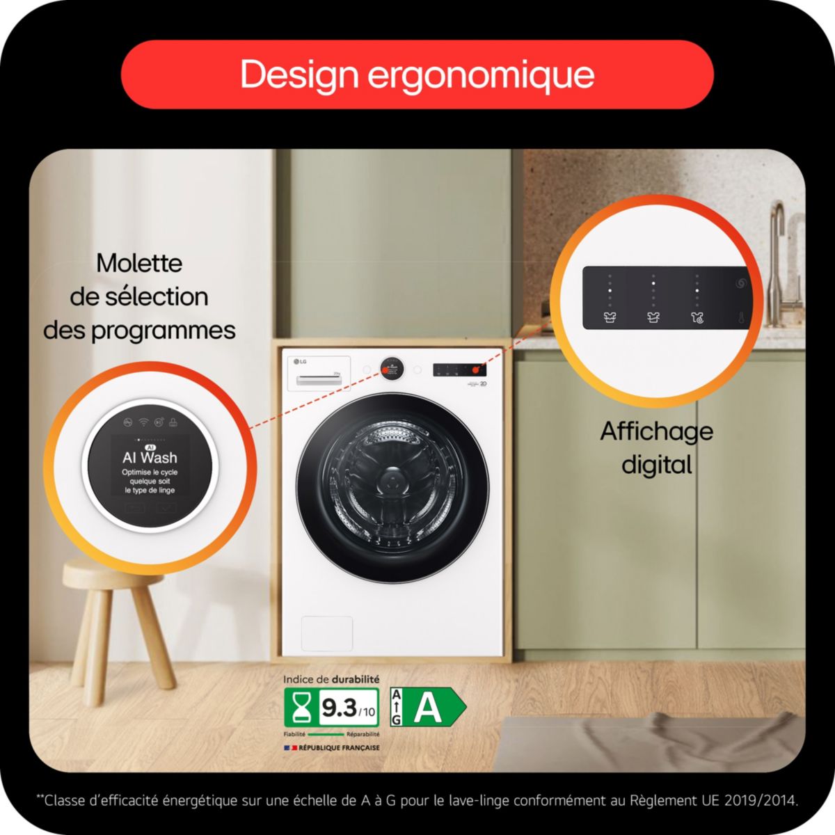 Lave linge hublot F20F12WST - 20 kg - 1000 tr/min - Classe A - Moteur induction direct drive - Connecté wifi couleur unique, LG