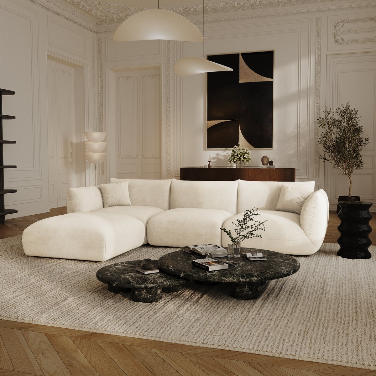 Canapé d'angle modulable 6 places en velours chenillé NOOMA crème, SIA HOME