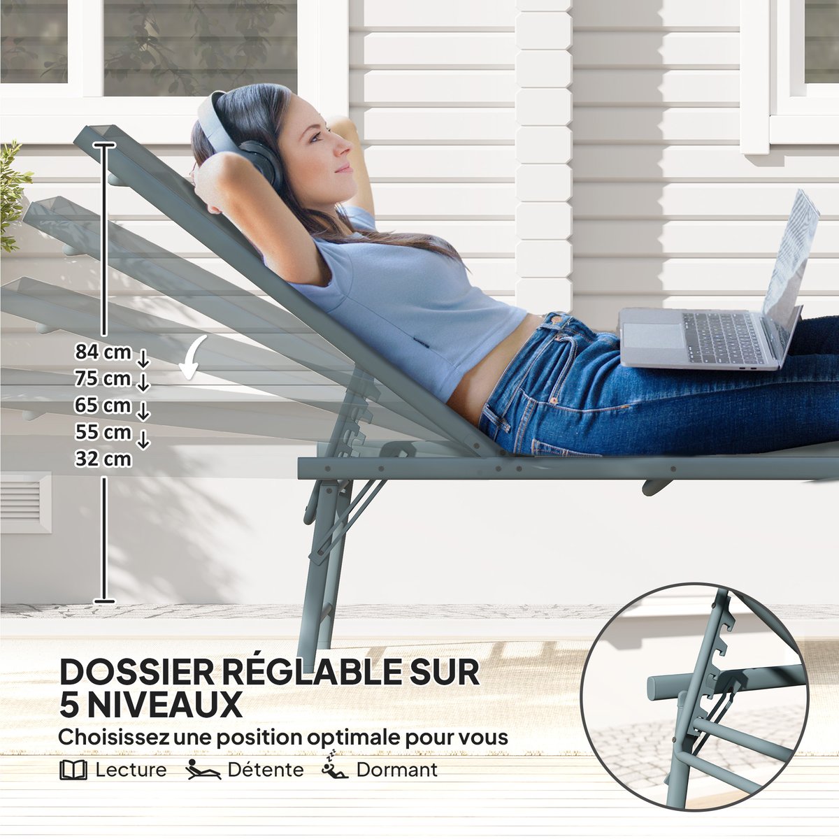 Ensemble de chaises longues Métal Noir gris, OUTSUNNY