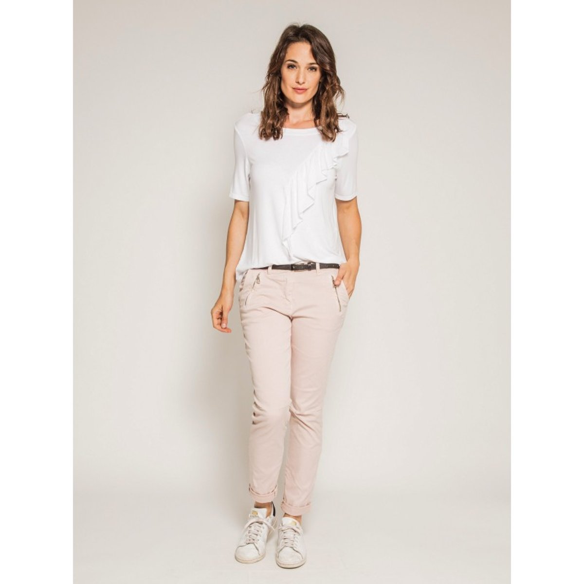 T-shirt Col Rond Avec Volant Firmini blanc, DONA LISA