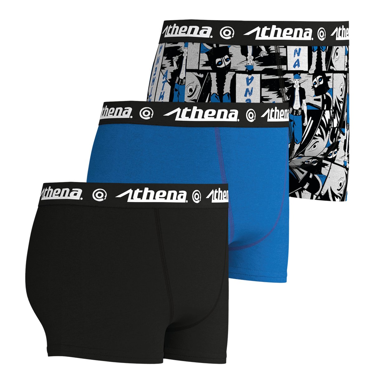 Lot de 3 boxers noir-bleu imprimé, ATHENA