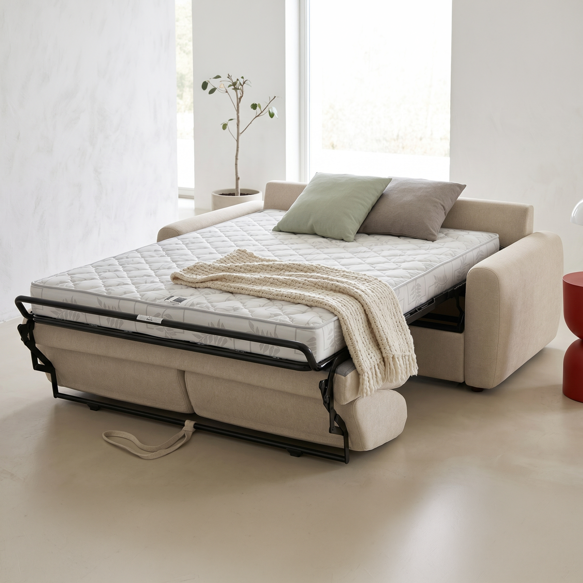 Canapé droit convertible 3 places en tissu chenille - ouverture express - SALVIA beige, HOMIFAB