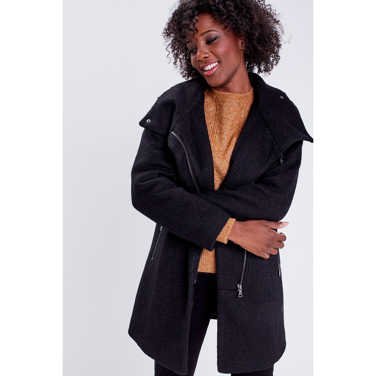 Manteau cintré asymétrique noir, CACHE CACHE