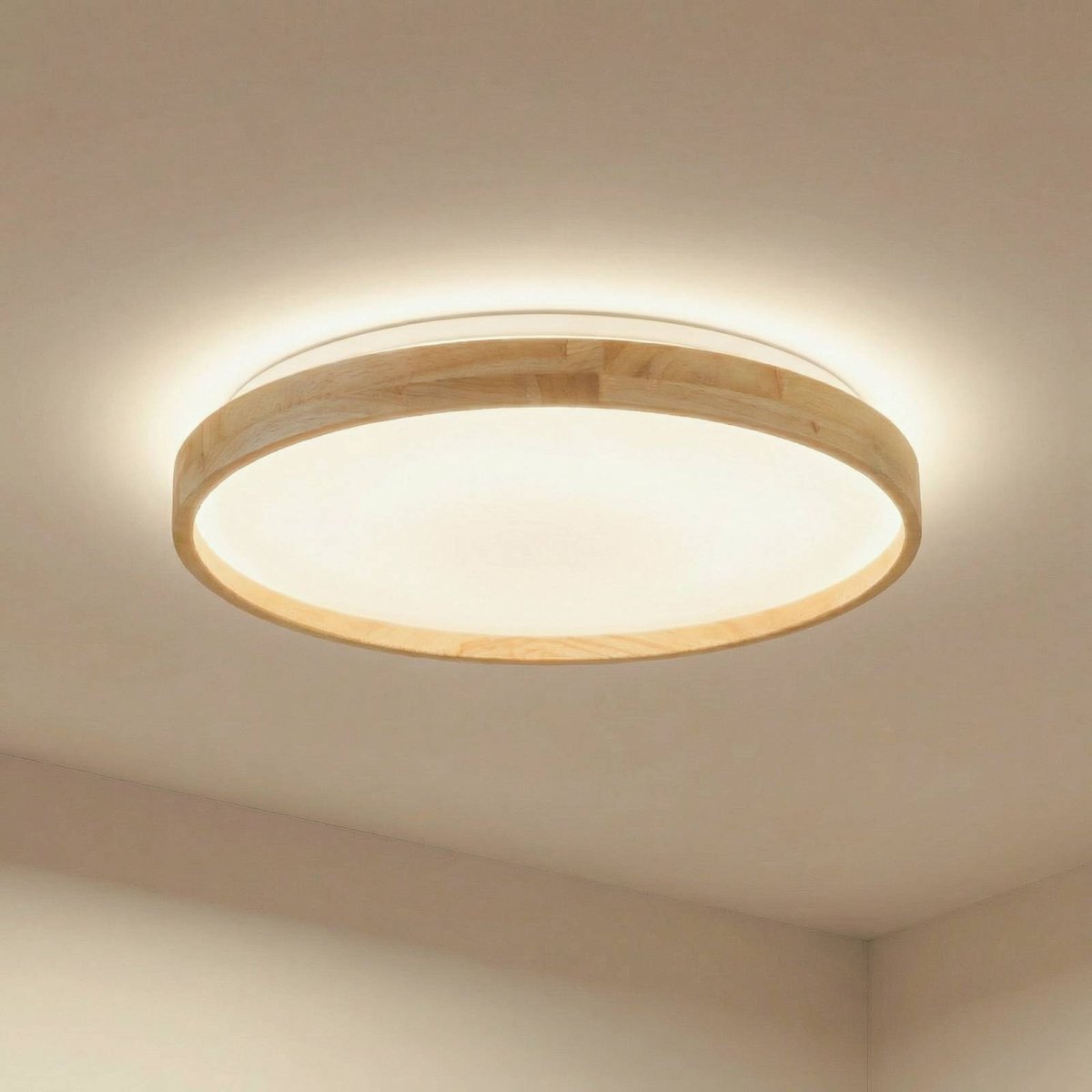 Plafonnier connecté moderneLED, Mirren blanc, bois clair, LINDBY