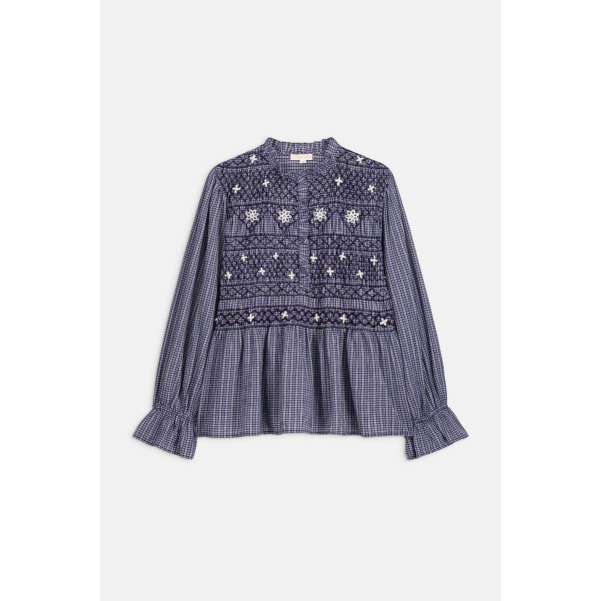 Blouse à carreaux et smocks col rond, ILEANA indigo, LOUISE MISHA