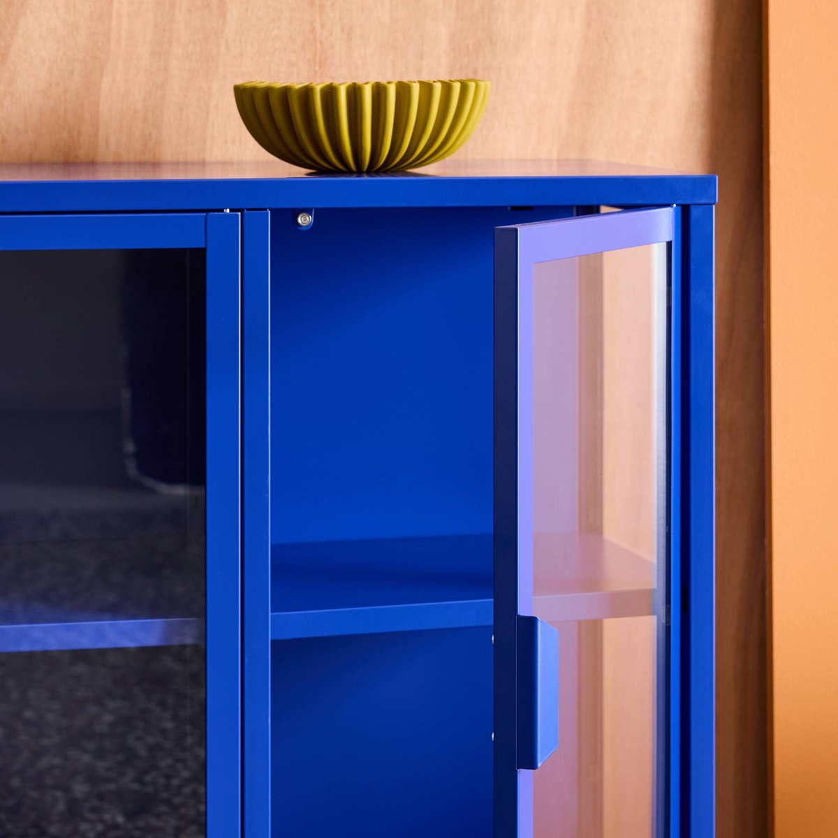 Buffet industriel métal et verre trempé 3 portes 100cm ARKANSAS bleu, SWEEEK