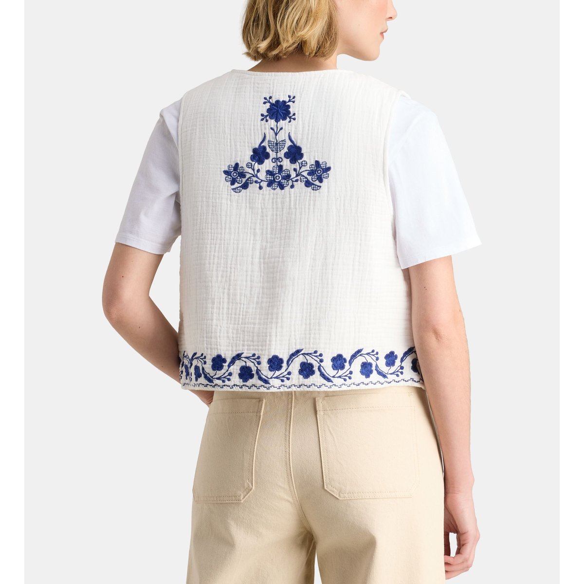 Veste tube elinka broderies coton écru et bleu, GALERIES LAFAYETTE