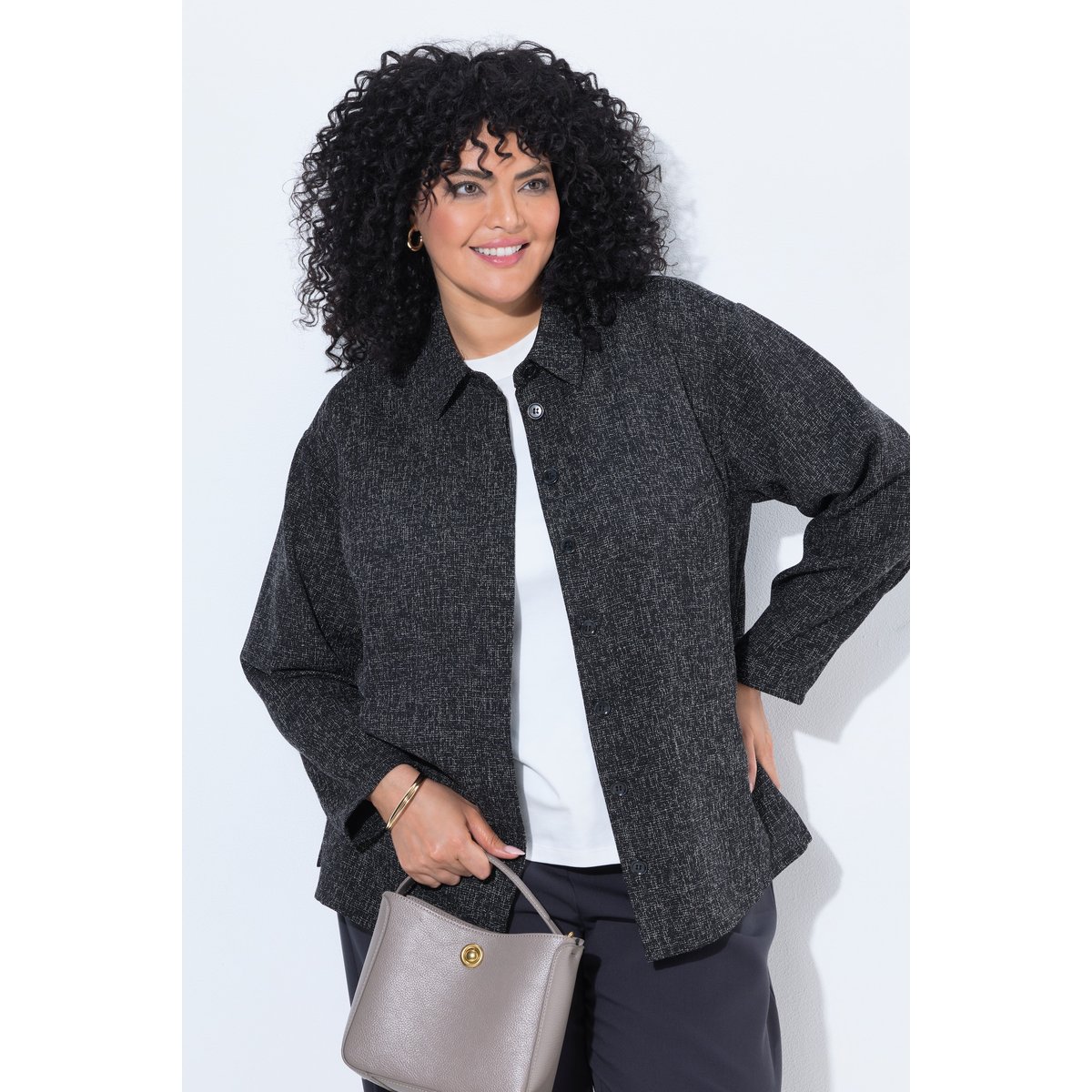 Veste chinée, col chemise et manches longues olive foncé, ULLA POPKEN