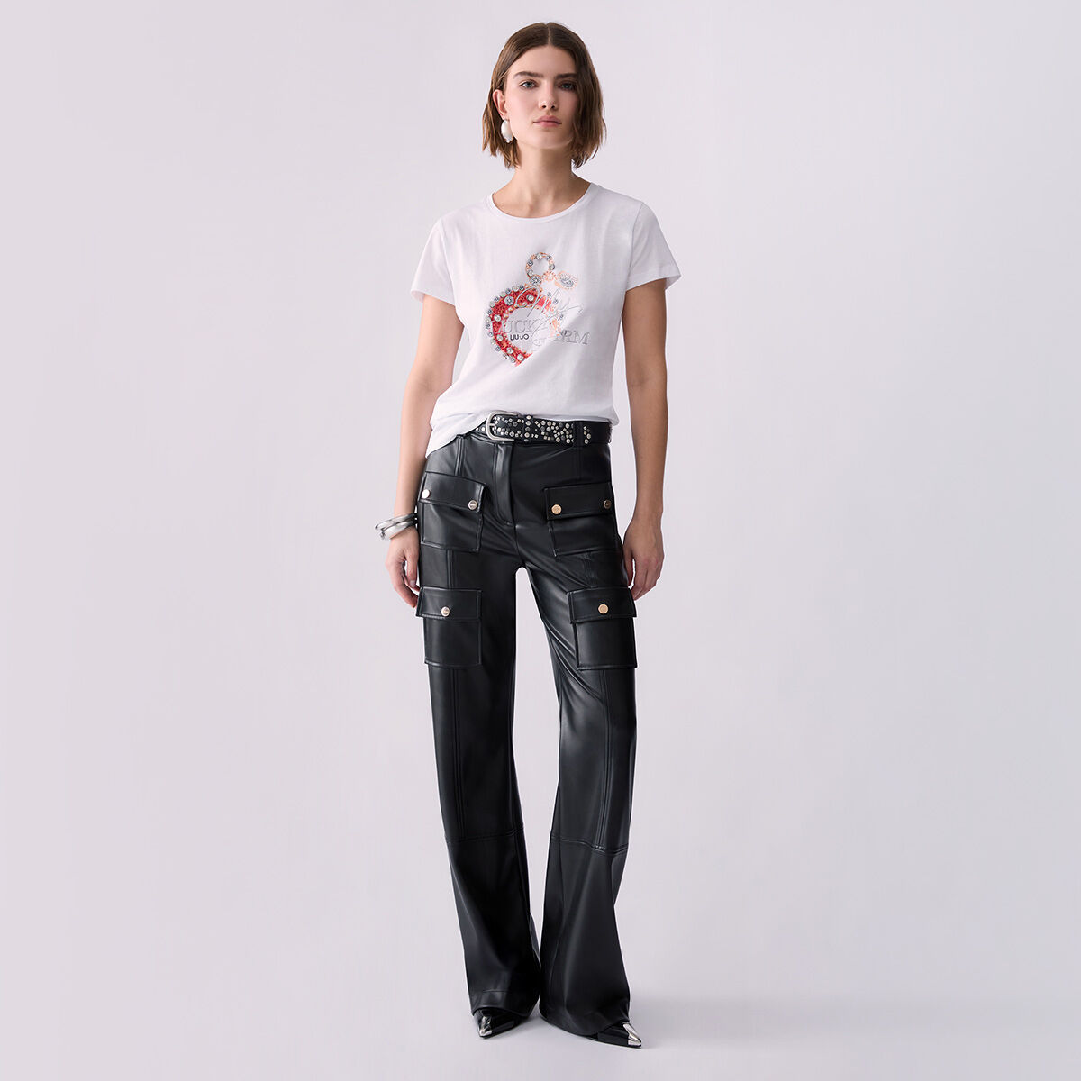T-shirt avec broderie bijou blanc et fer à cheval, LIU JO
