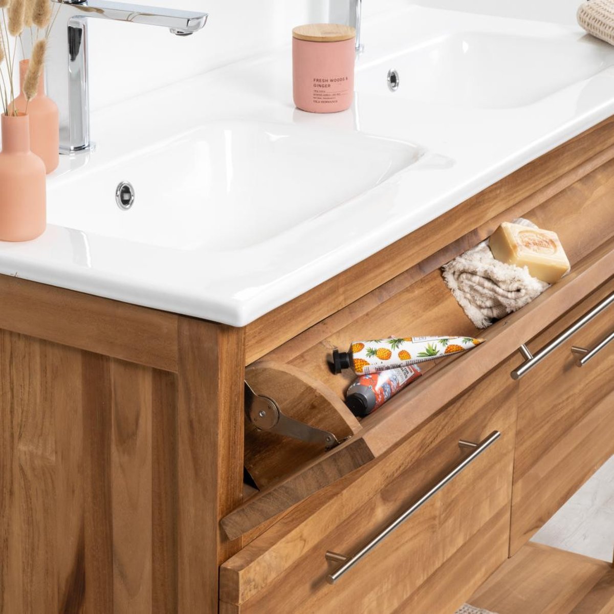 Meuble salle de bain en teck massif et céramique Bagster 120 cm blanc, WANDA COLLECTION