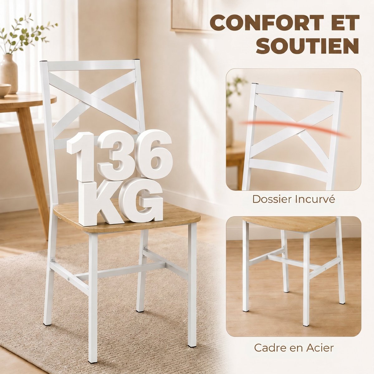 Ensemble de table à manger Panneau de naturel et blanc, HOMCOM