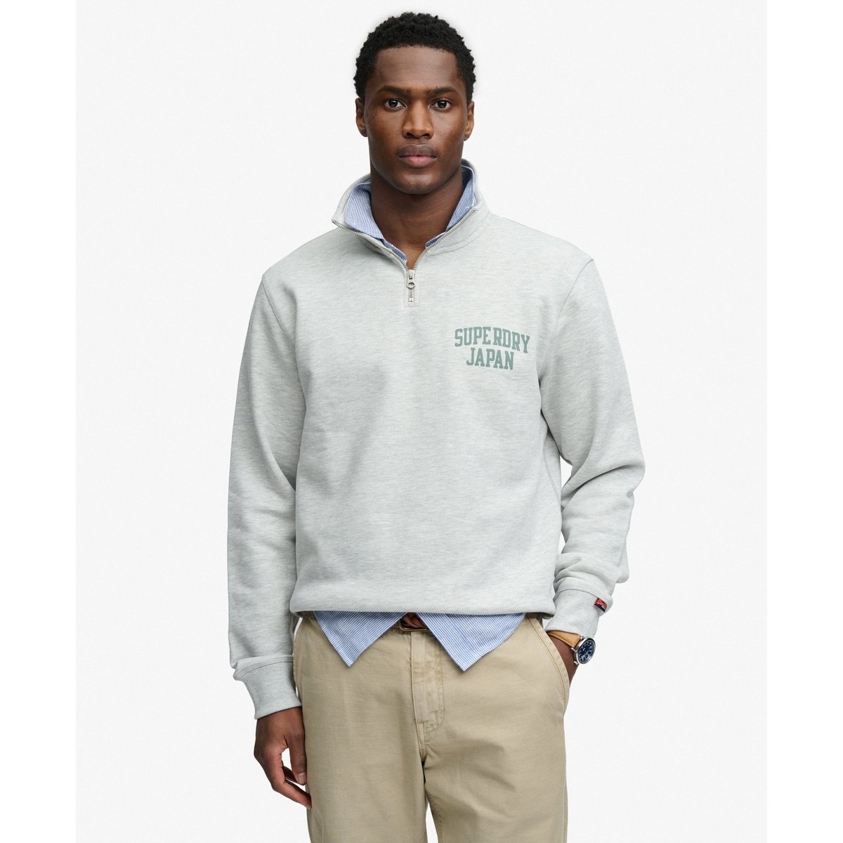 Sweatshirt Demi-Zip Athletic Essentials gris chiné cadet, SUPERDRY
