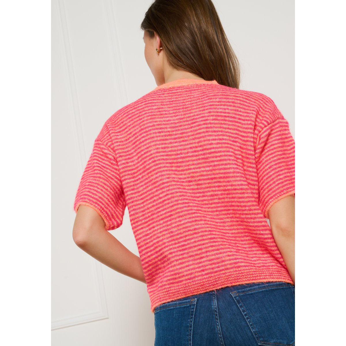 Pull rayé à manches courtes orange fluo, LOLALIZA