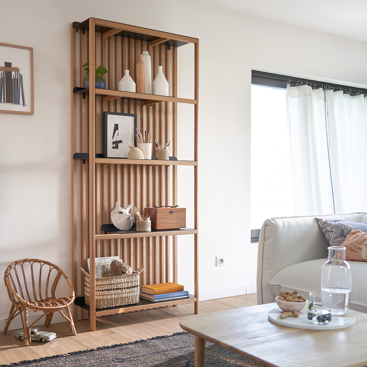 Jac Bookcase with Solid Oak Slats and Steel oak, LA REDOUTE INTERIEURS
