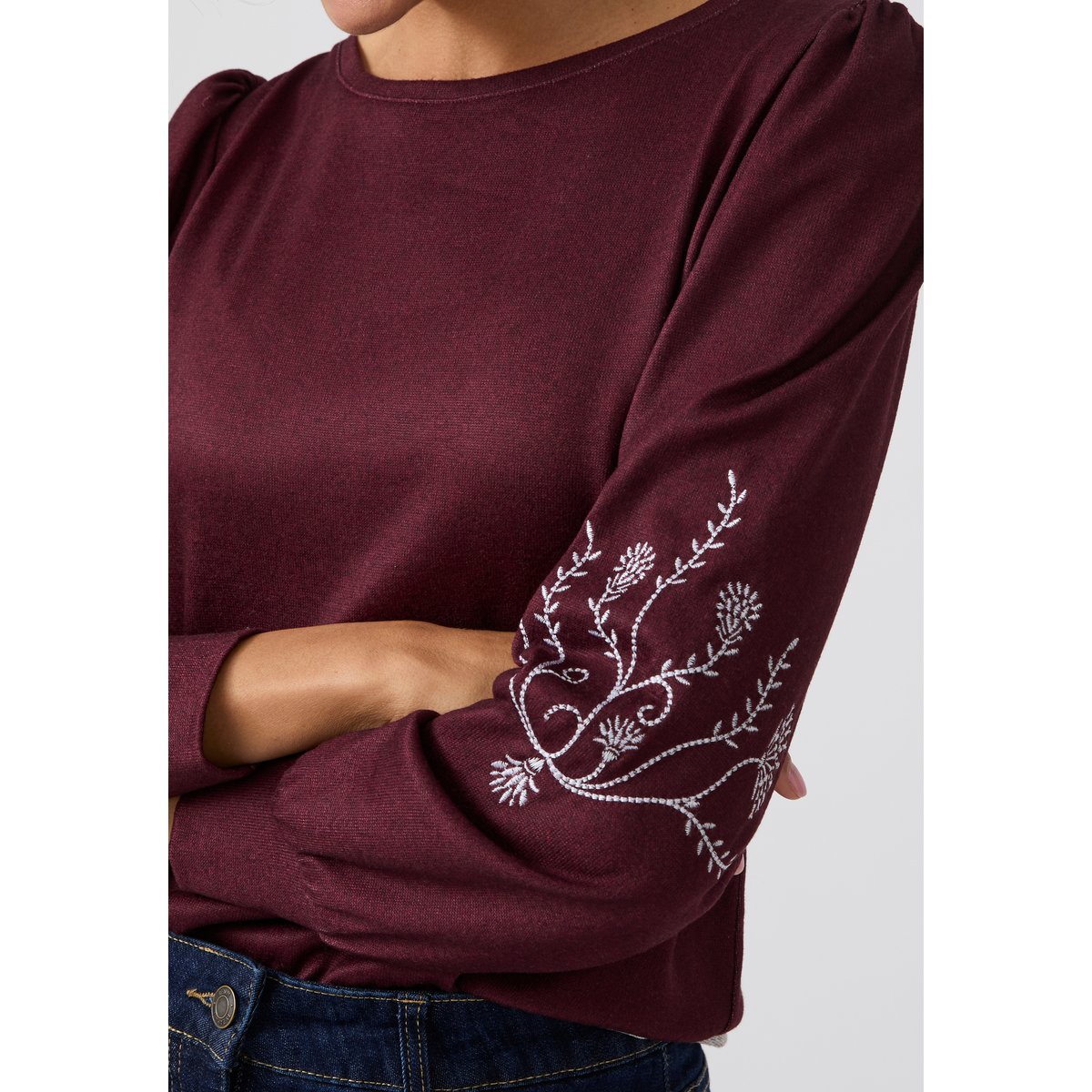 Tee-shirt manches brodées Thermolactyl maille chaude rouge bordeaux chiné, DAMART