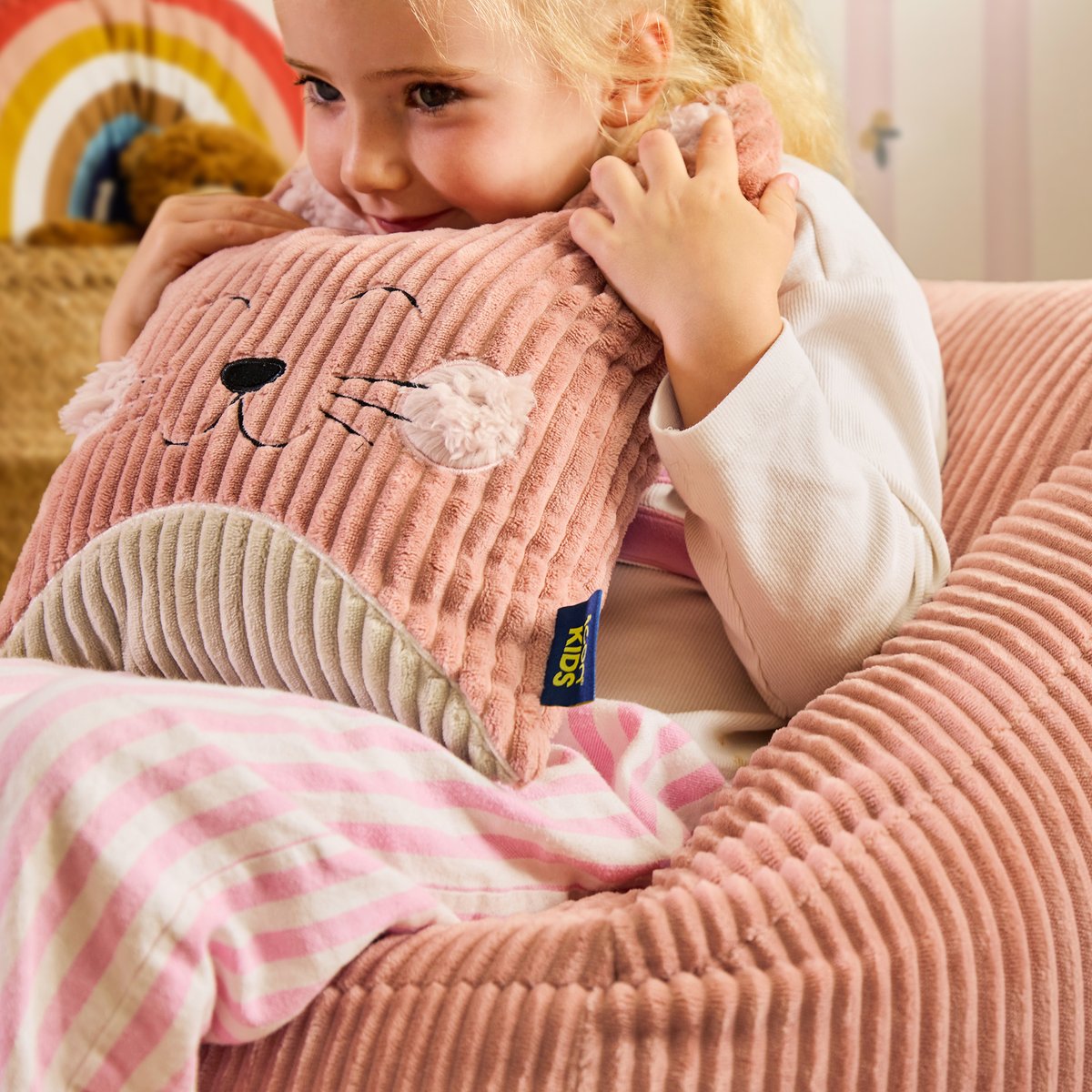 Pouf fauteuil enfant avec coussin animal en velours côtelé Oeko-Tex® - NATALIA rose chat, ICON
