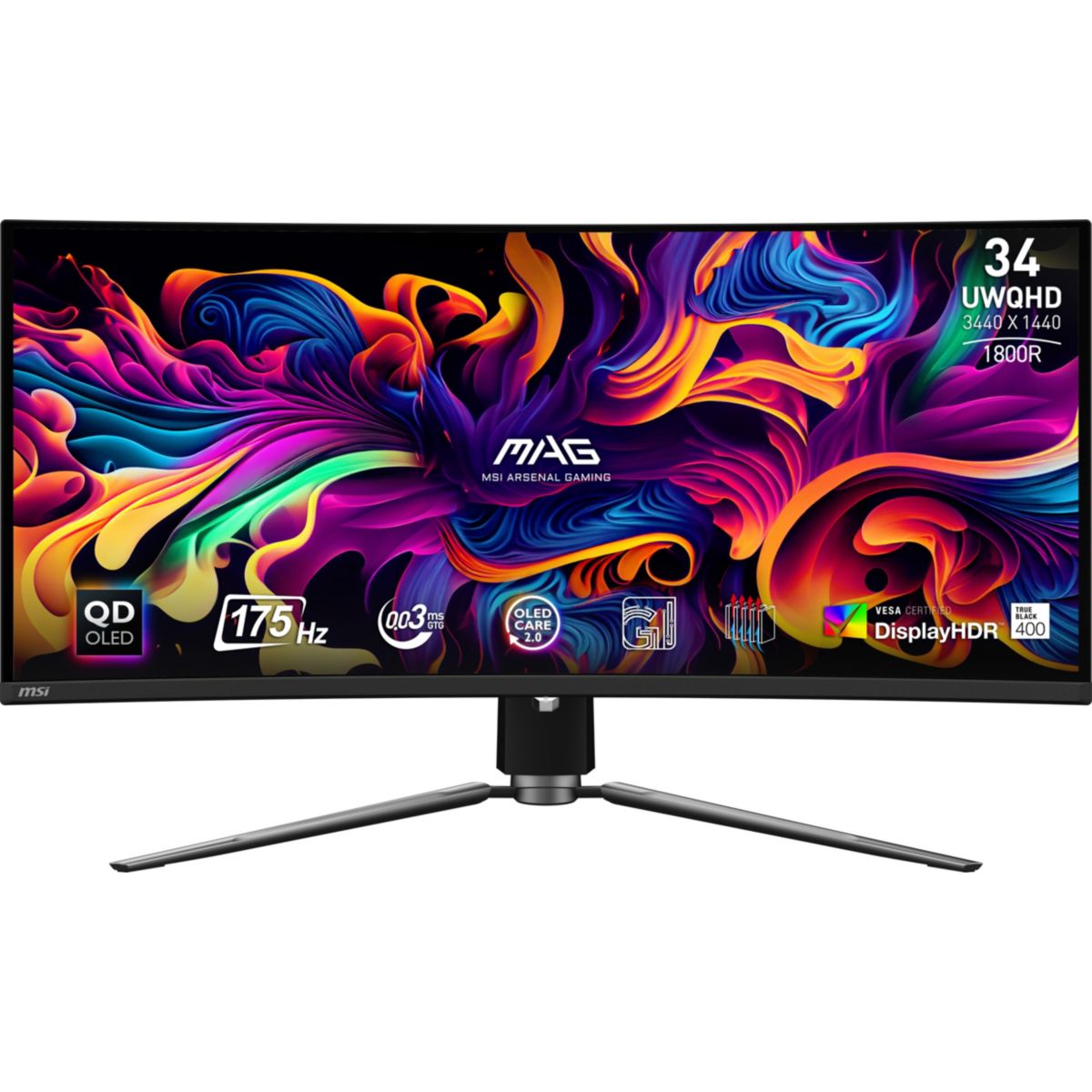 Ecran PC Gamer MPG 341CQP 34" Incurvé 1800R UWQHD 175Hz QD-OLED HDMI 2.1 AMD FreeSync couleur unique, MSI