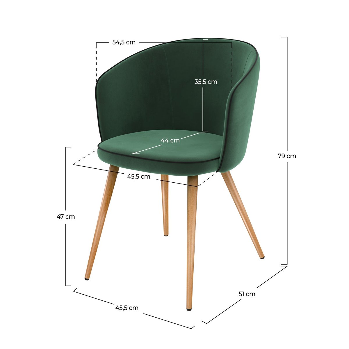 Lot de 2 chaises en velours - CHIARA vert, pieds bois clair, MAISON PAVANE