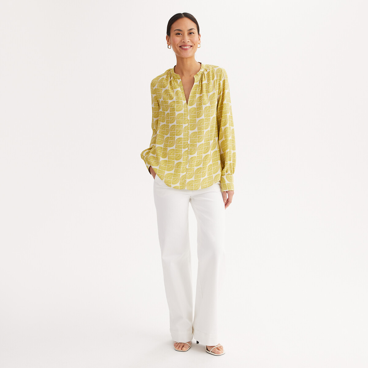 Graphic Print Blouse with Grandad Collar and Long Sleeves yellow print, ANNE WEYBURN