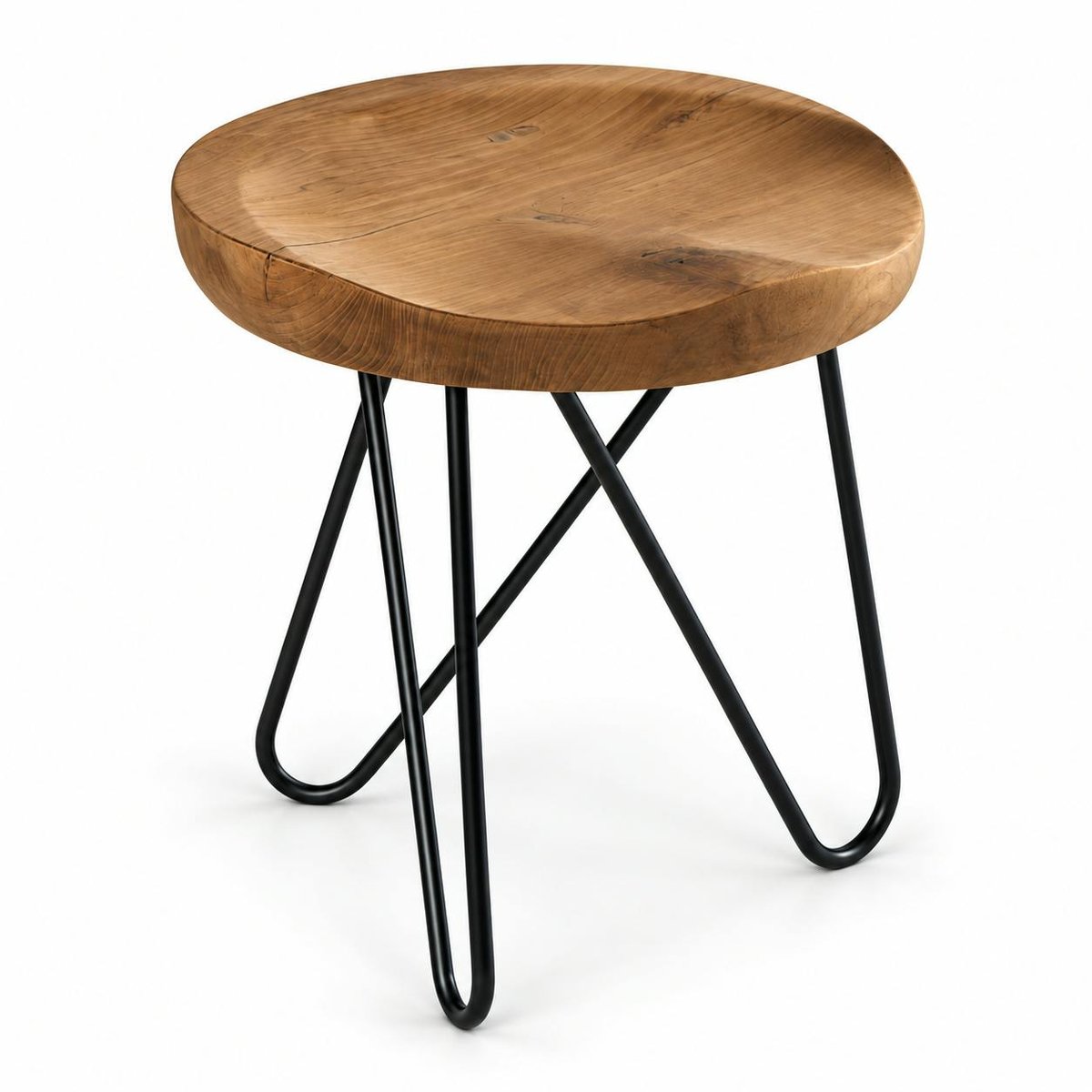Tabouret en teck massif avec 3 pieds en épingle métal noir D40xH43cm TOWN bois naturel, PIER IMPORT