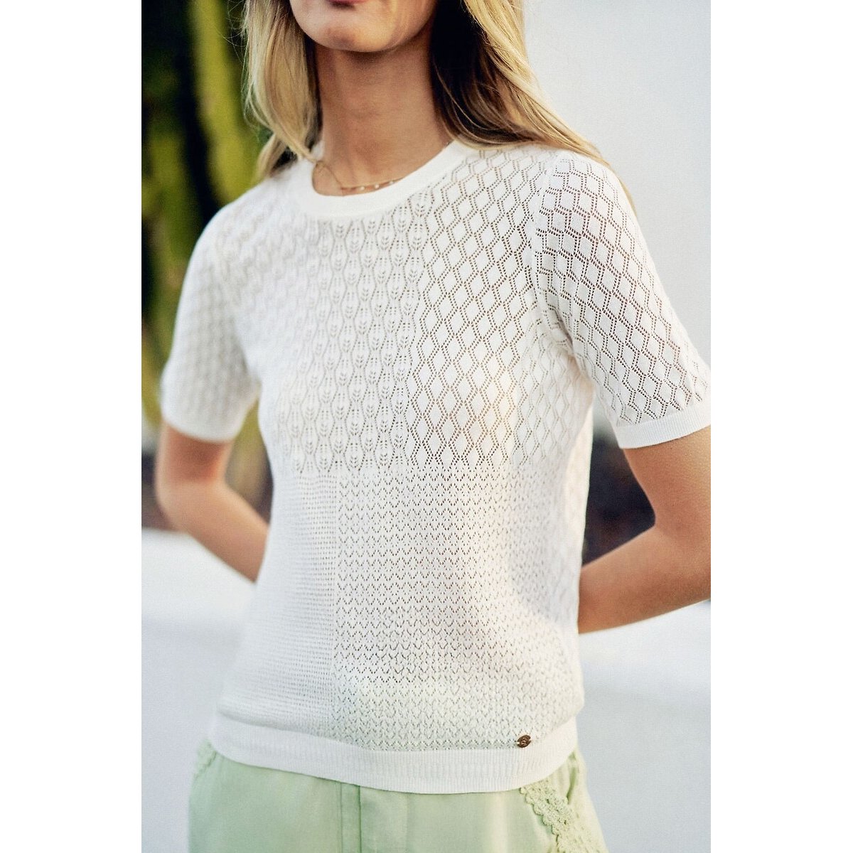 Millie Short Sleeve Jumper in Fine Openwork Knit ecru , LA PETITE ETOILE