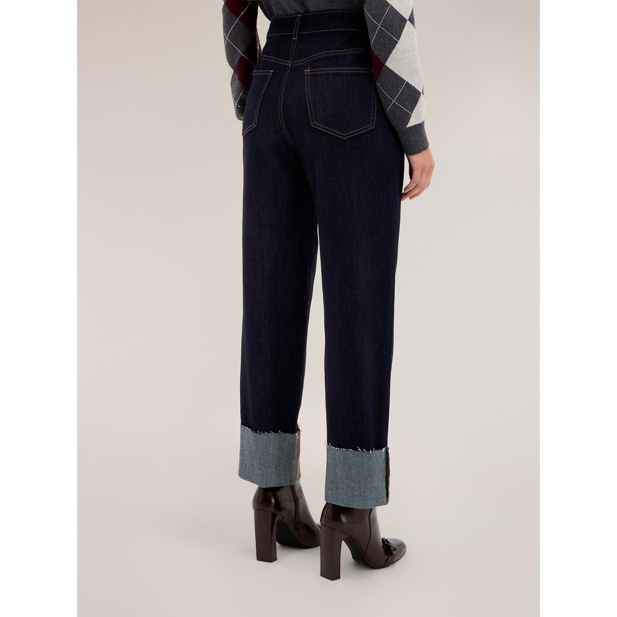 Jean cropped taille haute avec revers bleu, MOTIVI
