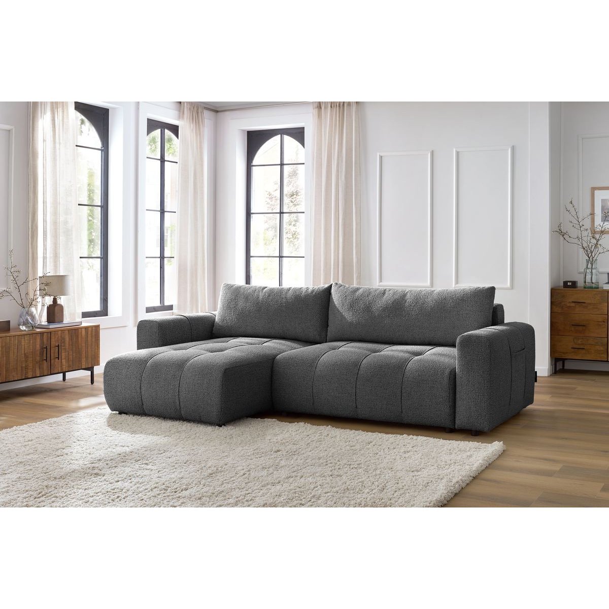 Canapé d'angle convertible 3 places en tissu chiné, ARSENE gris foncé, BOBOCHIC