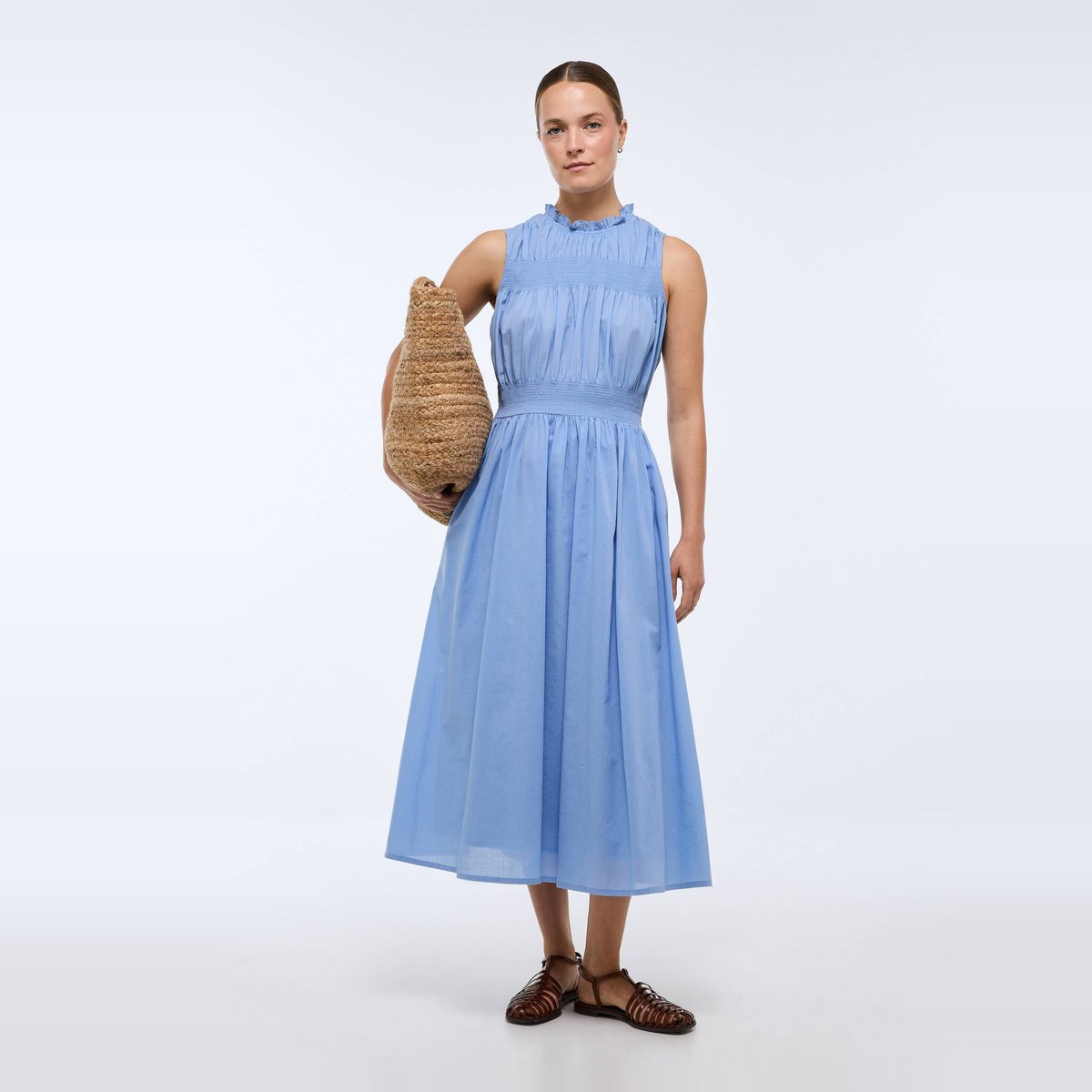Robe longue smockée unie en coton BIO GOTS bel air, MONOPRIX