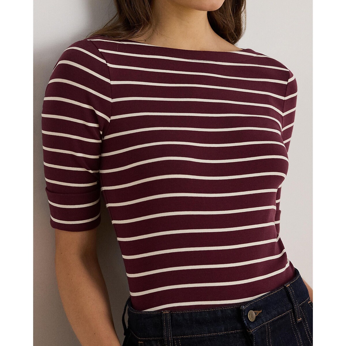 Judy Striped Boat Neck T-Shirt with Short Sleeves burgundy striped/white, LAUREN RALPH LAUREN