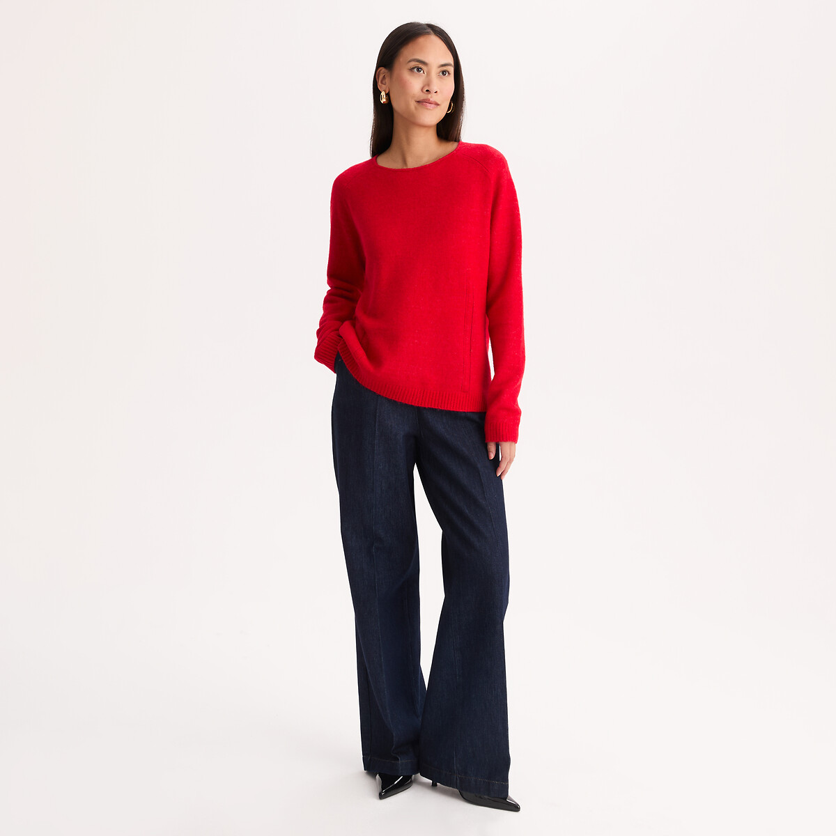 Pull col rond, en maille fine, avec foulard amovible rouge chiné, ANNE WEYBURN