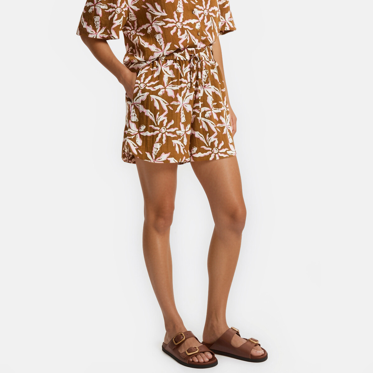 Short à taille élastiquée imprimé floral imprimé camel, LA REDOUTE COLLECTIONS