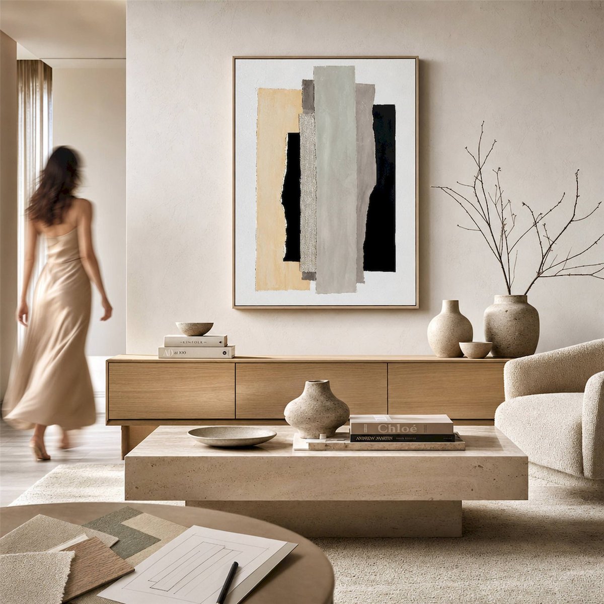 Tableau abstrait toile collection VACIO tons neutres et bois clair, RECOLLECTION