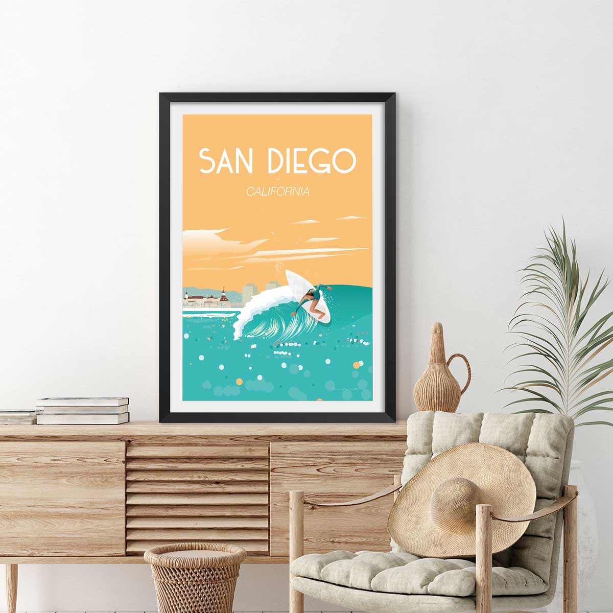 Affiche ville voyage San Diego California affiche + cadre en bois - noir, HEXOA