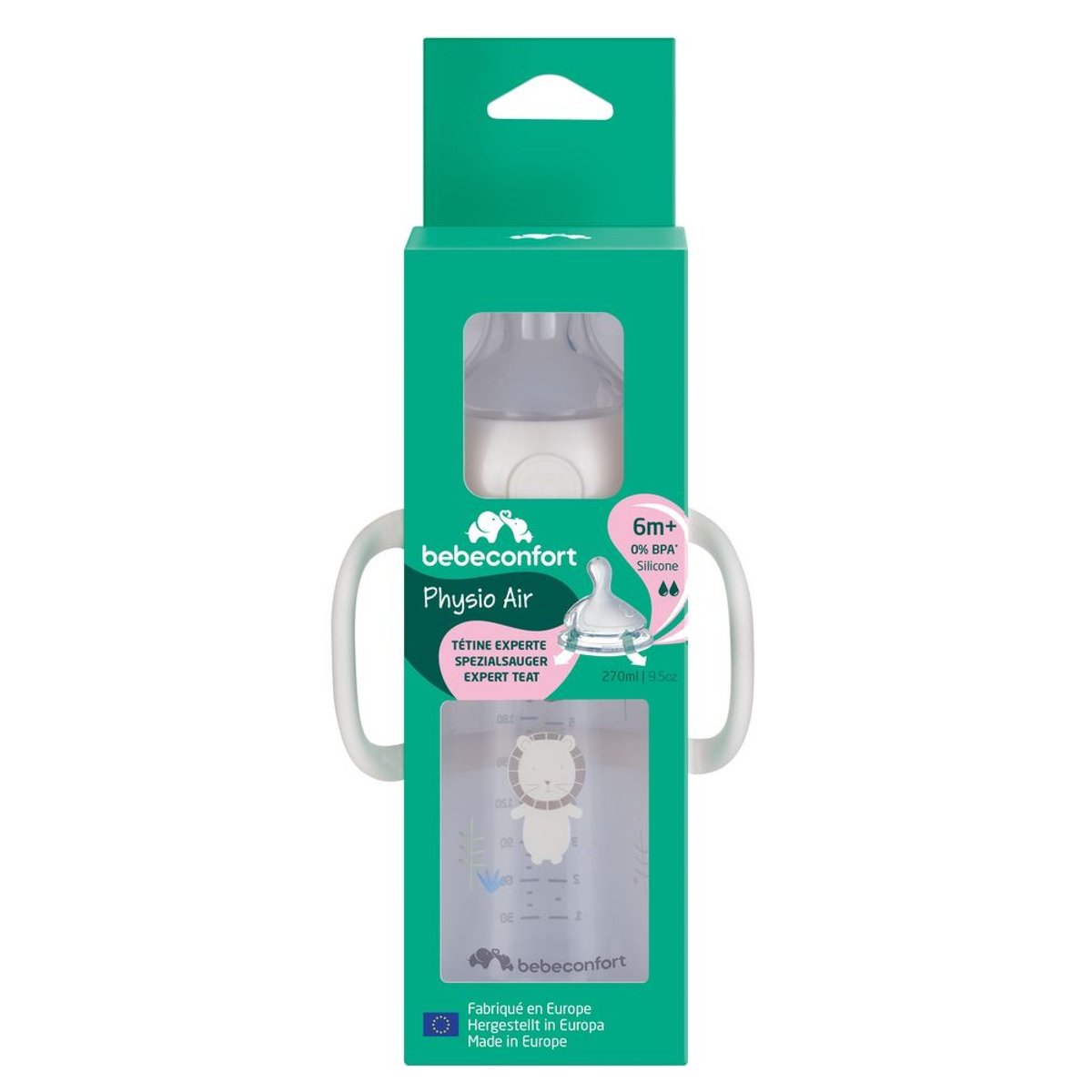Biberon PP physio Air confort 270 ml avec poignées Sand couleur unique, BEBECONFORT