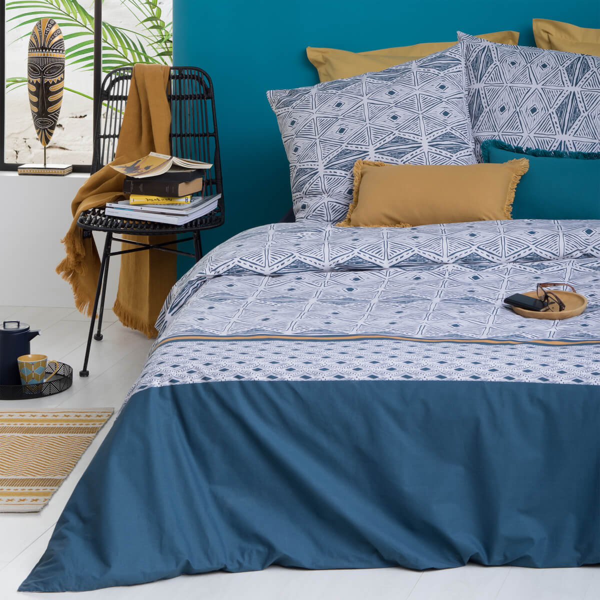 Parure de lit imprimée en percale TIHORA vert, ATMOSPHERA