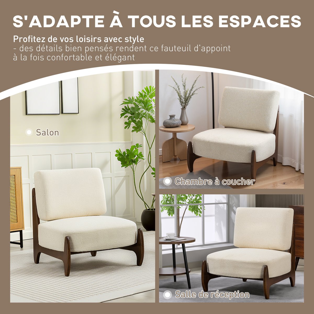 Accent Chair Chenille (100% polyester) Crème crème, bois clair, HOMCOM