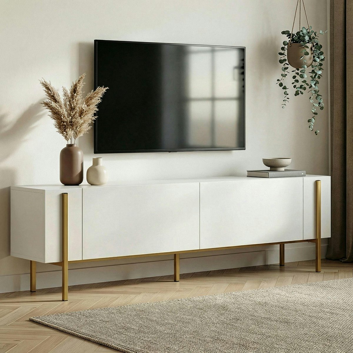Meuble TV 2 portes 180 cm MARFA blanc - doré, PIER IMPORT