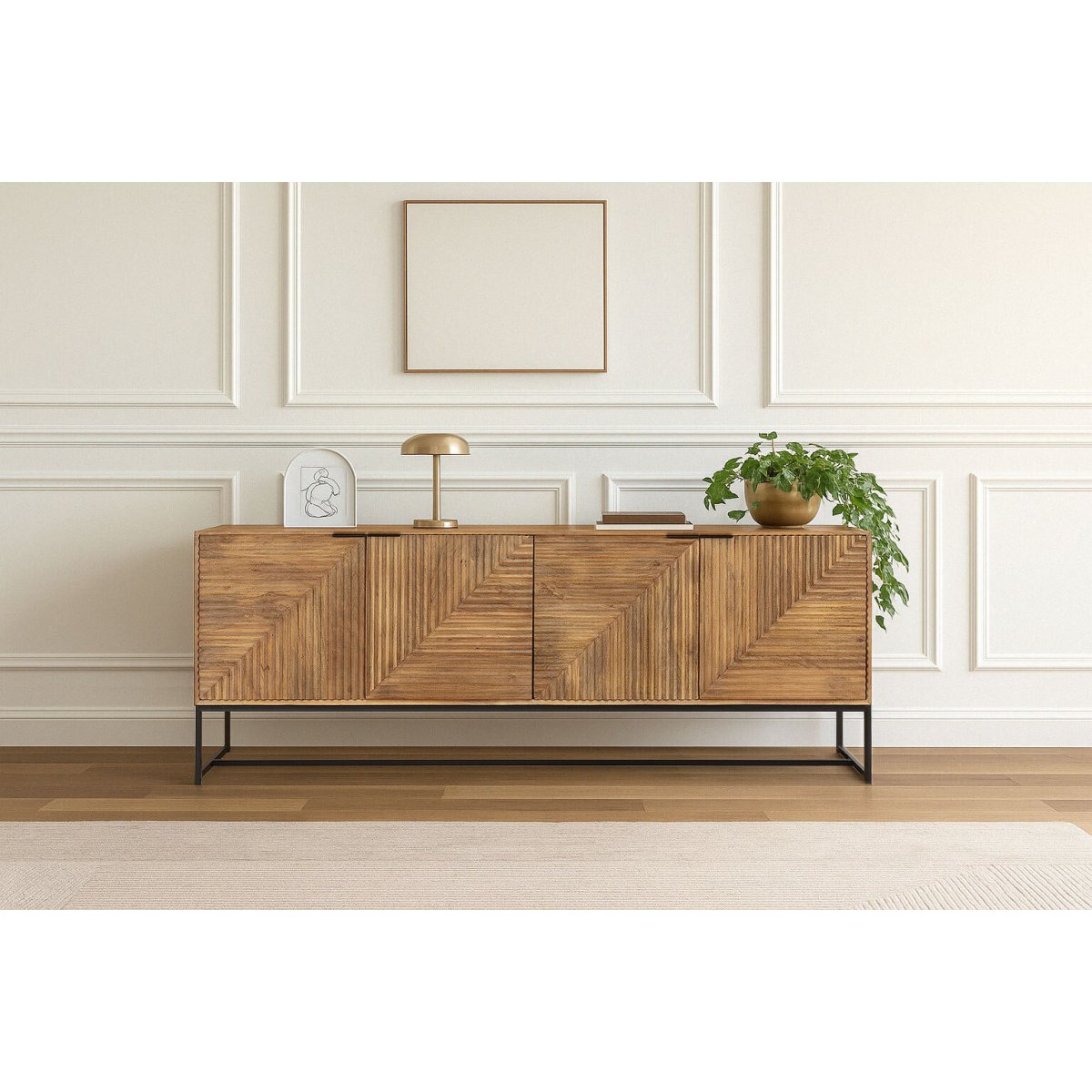 Buffet bas en bois massif 4 portes 210 cm, NAOMIE marron foncé, BOBOCHIC